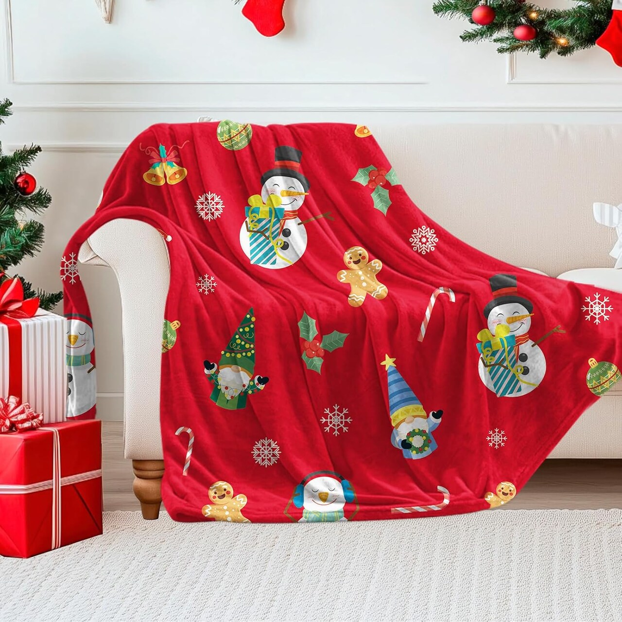 Christmas Throw Blanket, Elegant Comfort Touch Ultra Plush Christmas Holiday Flance Snowman Blanket, Gingerbread Blankets for Couch, Red Christmas Blankets for Sofa and Bed, Gnome Blanket 50"x60"